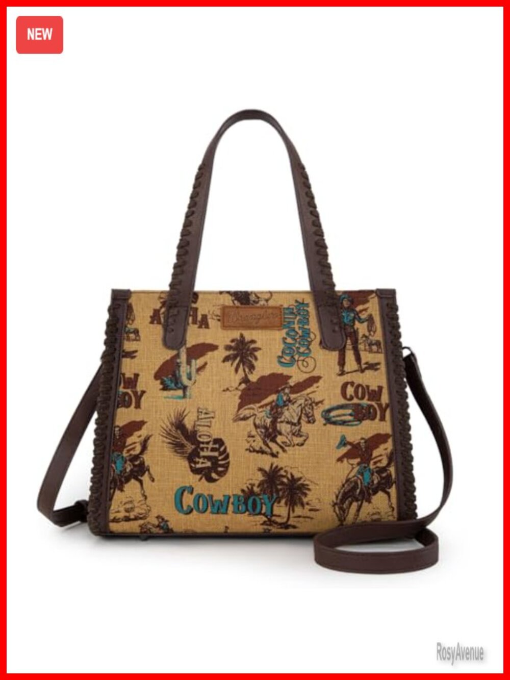 Canvas Faux Leather Tote Bag Western Cowboy Print Crossbody Satchel